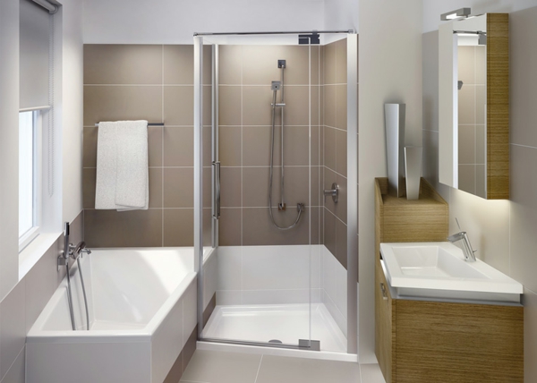 बाथरूम डिजाइन विचारों भूरे टाइलों स्नान बाड़े और छोटे-बाथटब