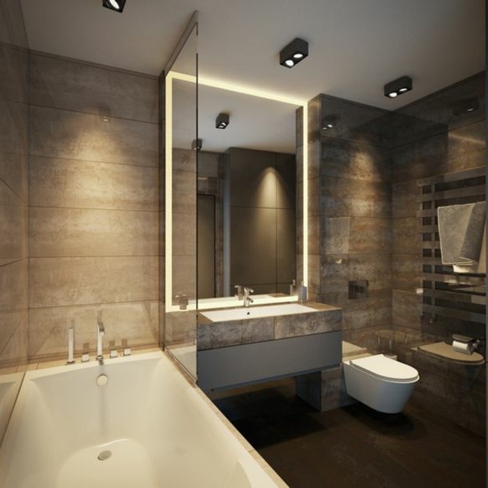 kupaonica dizajn ideje Moderne-Bader-kupatilo-u-svjetlo smeđe-ogledalo-s-rasvjeta