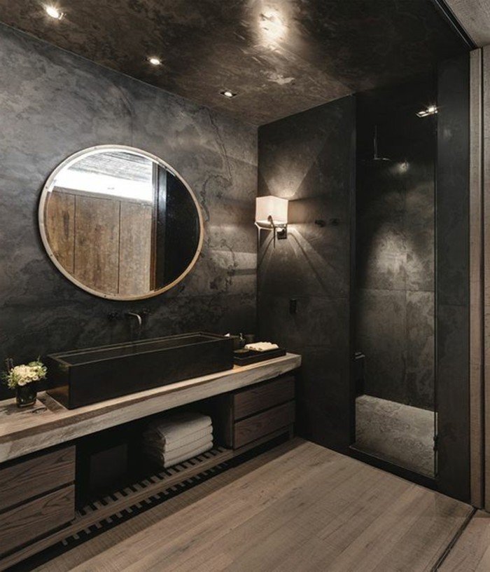 kupaonica dizajn ideje-san Bader-kupatilo-in-crno-sa-okrugli-ogledalo