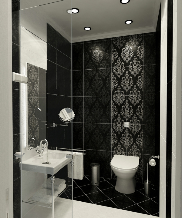 баня дизайн-малка баня-черни стени - интересни плочки за баня