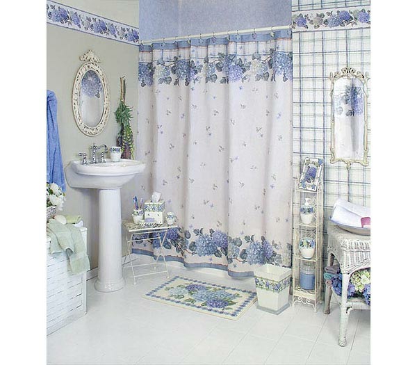 cortina de baño y caracteres azules