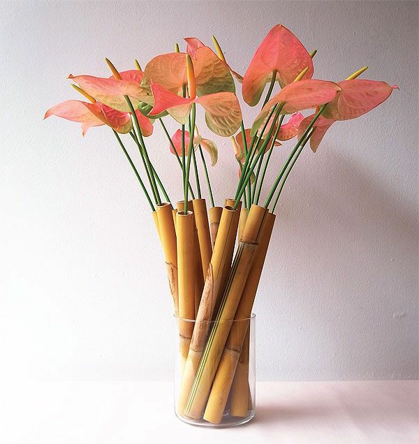 bambusz váza gyönyörű virágok-in-barack színű
