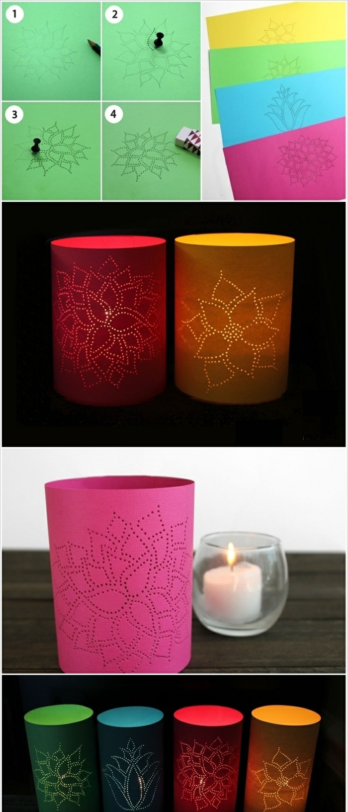 linternas de chapucero - papel de colores, flores, patrón, vela blanca, candelabro