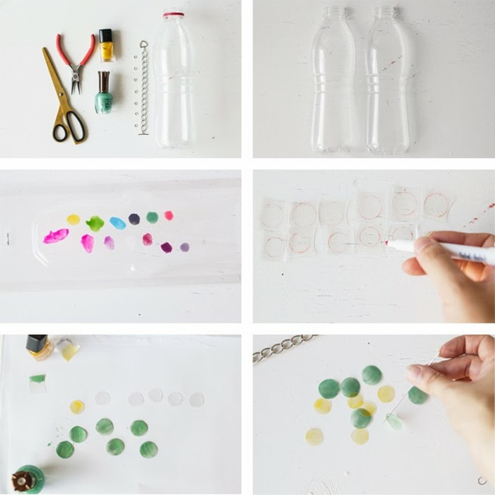 plastične boce, škare, lak za nokte, kvačice, prsteni, olovka u boji