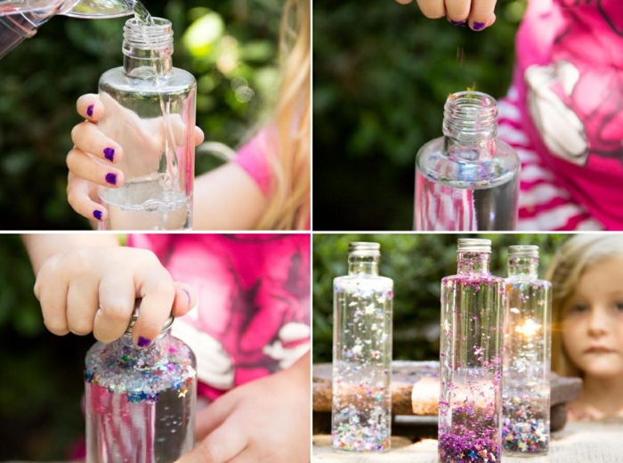 направете магически бутилки сами, вода, глицерин, конфети, дрънкане с деца