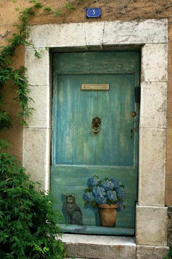 pintadas de apartamentos-puertas-Madeira Portugal-gato y flor puertas de entrada-pot