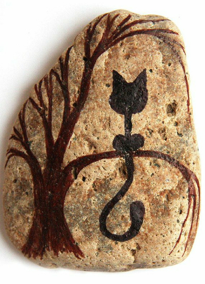 рисувани каменни черна котка дърво-добре кокетка
