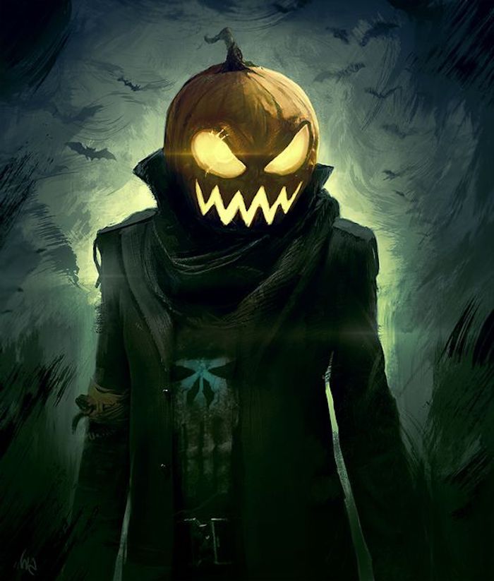 Jack O.'Lantern Gesicht mit einem zerrissenen Kostüm Bilder zu Halloween 