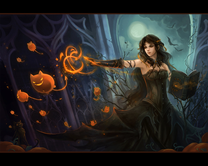 egy gyönyörű boszorkány, egy mágikus könyv mágikus tűzzel küld - Halloween képeket