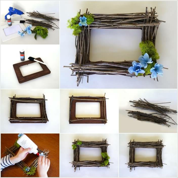 Okvir za fotografije s malim granama i ukrašavanje plavog cvijeća