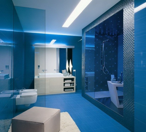 plafond salle de bain bleu conception lumières-moderne dans salle de bain