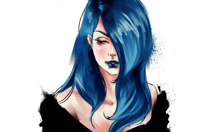 الشعر الأسود والحاجبين والشفتين ، وورق الحائط مع امرأة ذات الشعر الأزرق ، أنيمي