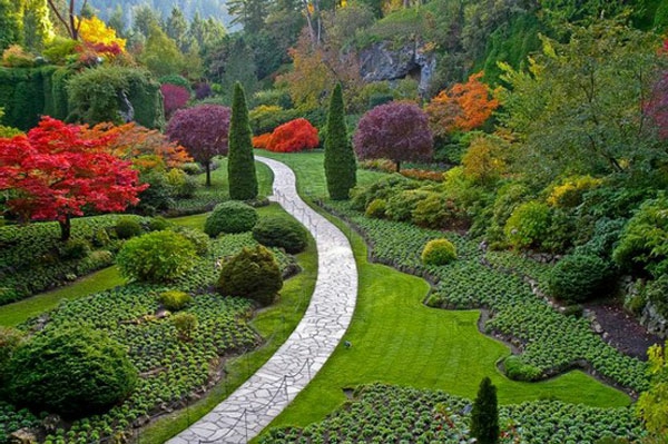 Coloridas flores y senderos en el gran jardín