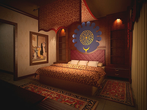 кафяв дизайн за красива ориенталска спалня