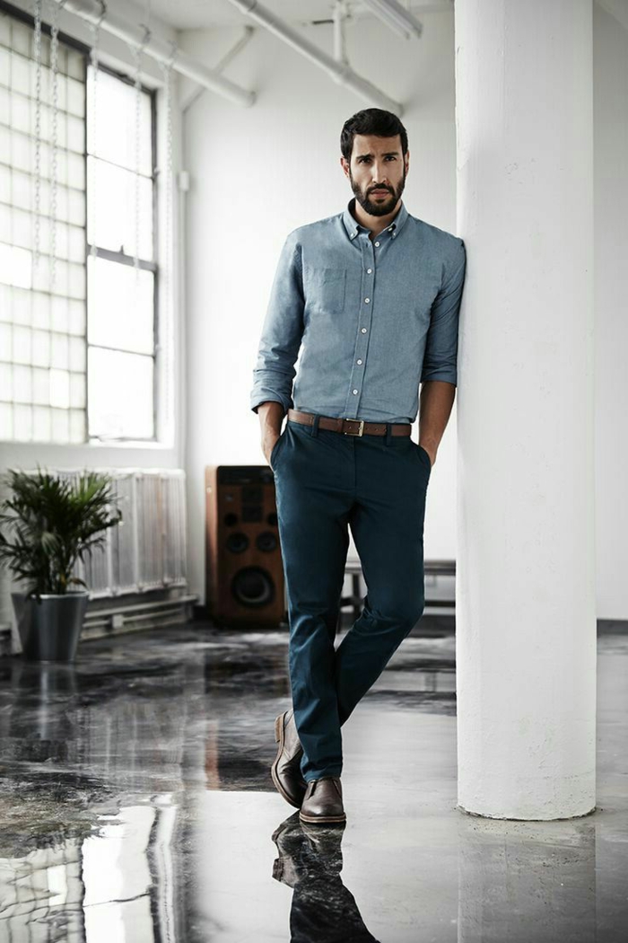pantalon marron foncé chemise bleu clair chaussures marron foncé chaussures en cuir pantoufles masculines avec barbe