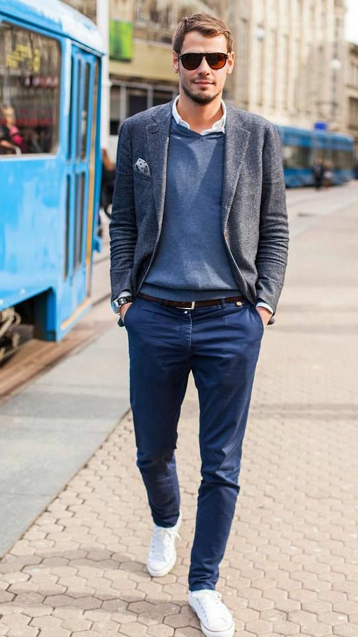 plave hlače plavi džemper odjevni kod casual muškarac s blazer siva boja čaše odjeća u gradu