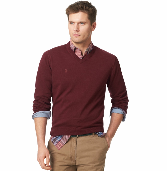 Dress code casual muškaraca crvena bluza majica košulja plaid smeđe bež hlače s remenom stilom