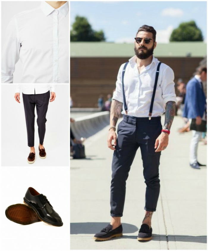 Fancy stil čovjeka s bradom kratke hlače i suspenders naočale kožne cipele moderne frizure