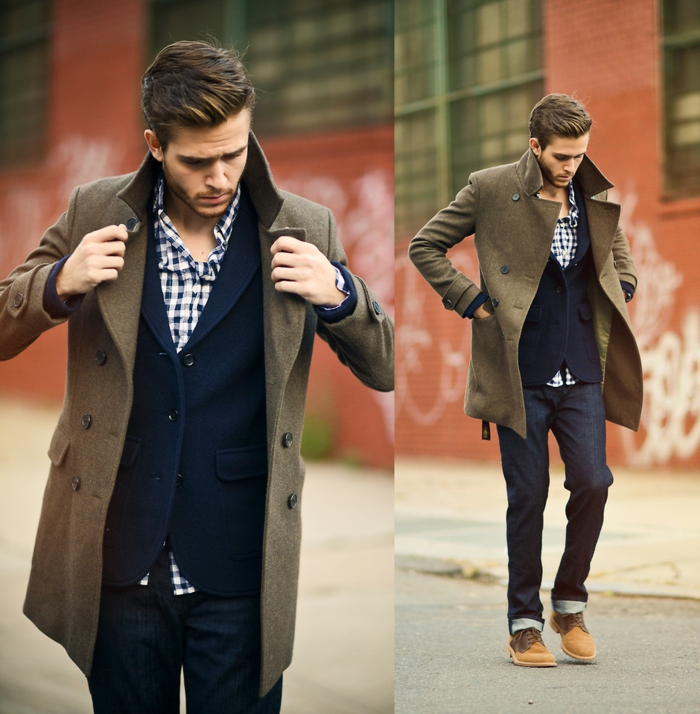 елегантна атрактивна и модерна облечена мъжка риза жилетка дънки clarks coat прическа