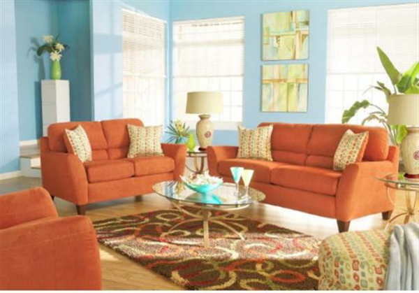cool-couleur-idées-salon-orange et bleu-ciel tapis coloré