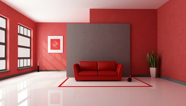 червена стена - хладно стена дизайн-дневна-дизайн-дневна-настройка einrichtugsideen-дневна стая дизайн модерен стена