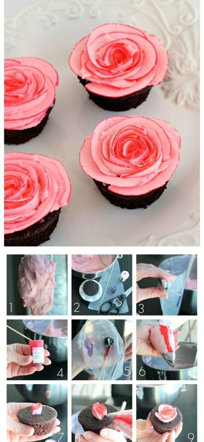 A csokoládé cupcake díszítése - a rózsákat a krémből készítik