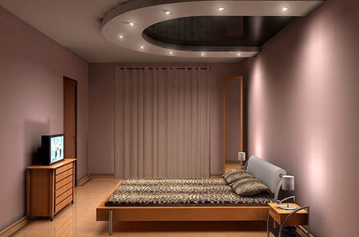 deckenbeleuchtung-para-paredes-y-moderno-cama-dormitorio diseño púrpura
