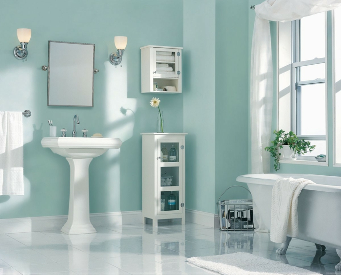 Dekorációs ötletek fürdőszoba virágcserép falak menta szín