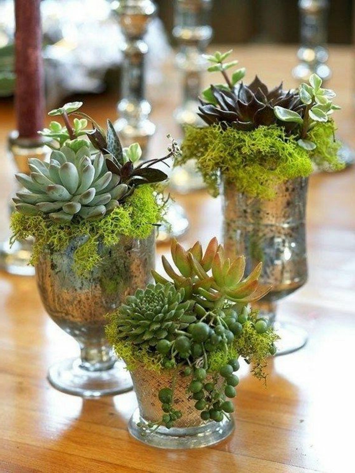 Dekoracije ideje-proljeće-tri vaza s-biljke-i-mahovina
