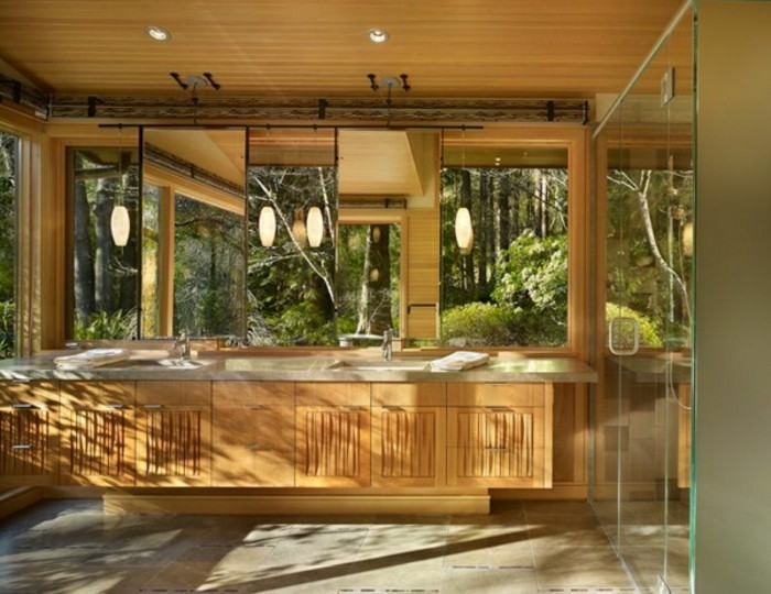 conception-salle de bains en marbre plaque de bois meuble