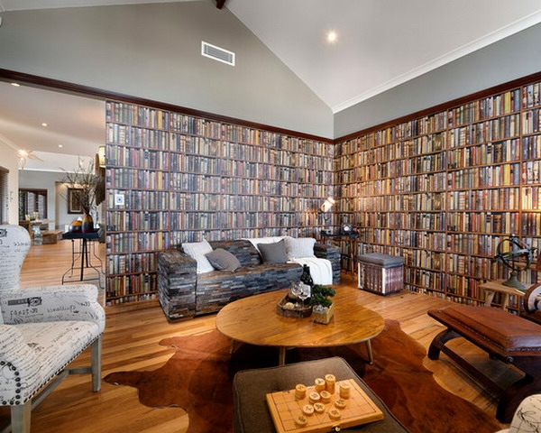 дизайн-идея на живот стая тапети-библиотечка до стената