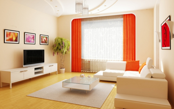 Tervező nappali világos narancssárga függönyökkel