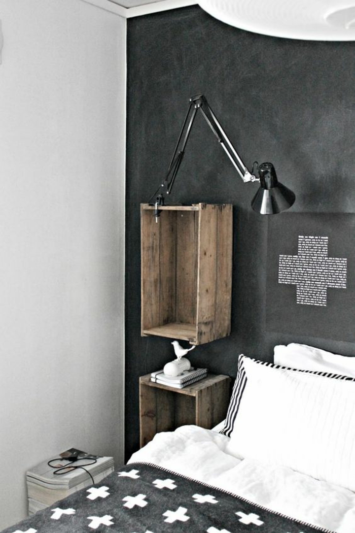 diy-pared de estantería dormitorio cajón vino cama-negro-lamp-cojín-shelf off-