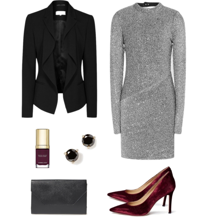 празнични дрехи облекло код сребърна рокля блестящи черни диаманти обеци блейзър червени обувки