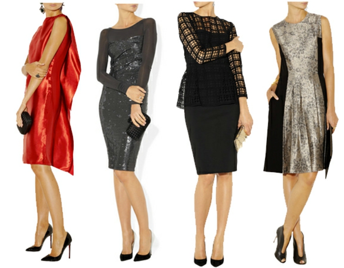 Облекло жените носят рокли идеи за модели и цветове четири примера червено сиво черно злато