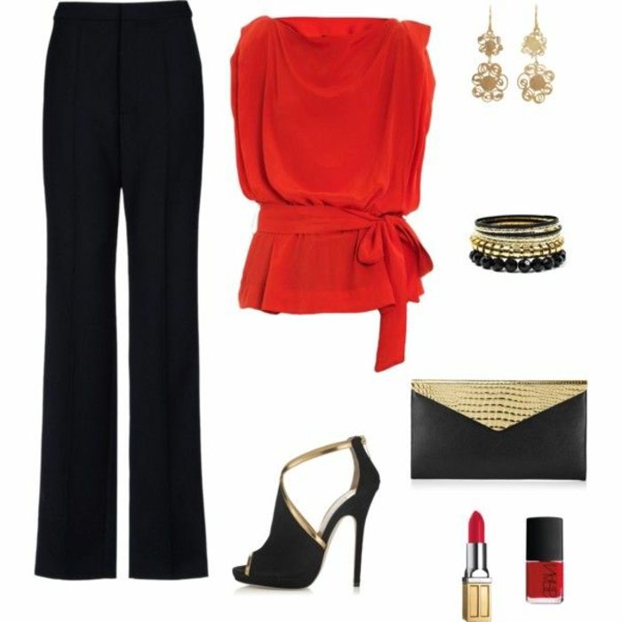 Облечи коледно парти жени стилни изглеждат черни панталони червени топ черни златни аксесоари