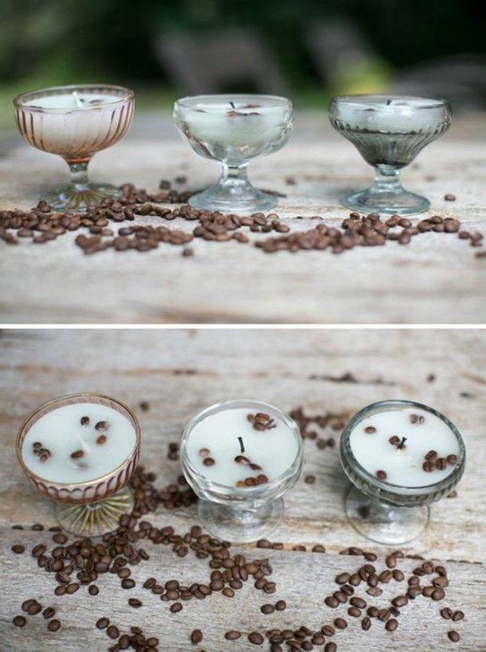Prepara velas tú mismo: vela pequeña, blanca y redonda con granos de café