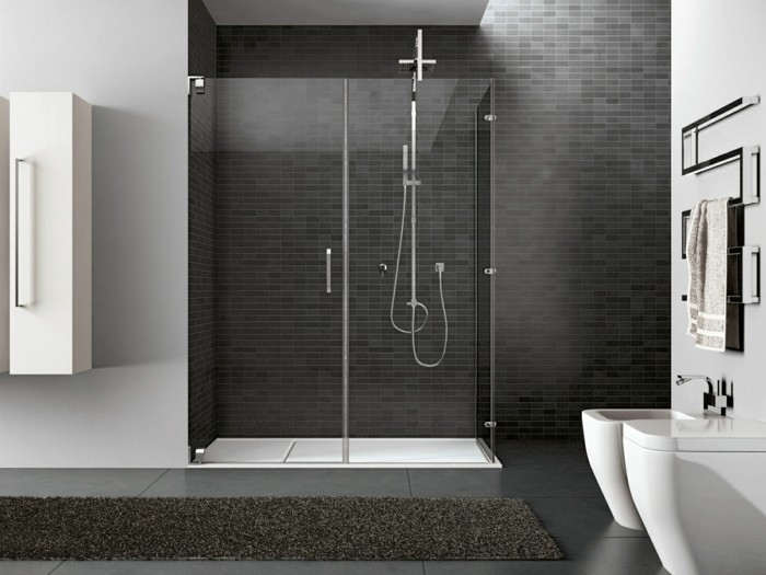 cabine de douche-de-verre-salle de bains-moseikfliesen-folklo-lavabo-douche-serviette-moderne