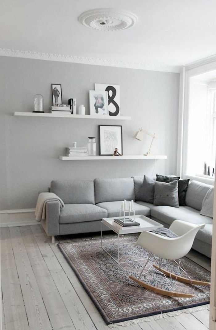 ефективната-дневна стена дизайн-творческа-сиво-дизайн спалня рафтове до стената