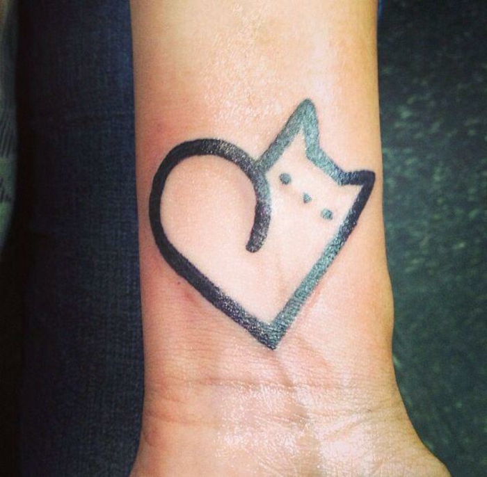 Macskák tetoválás a csuklóján - egy fekete macska kis szemmel és szívvel