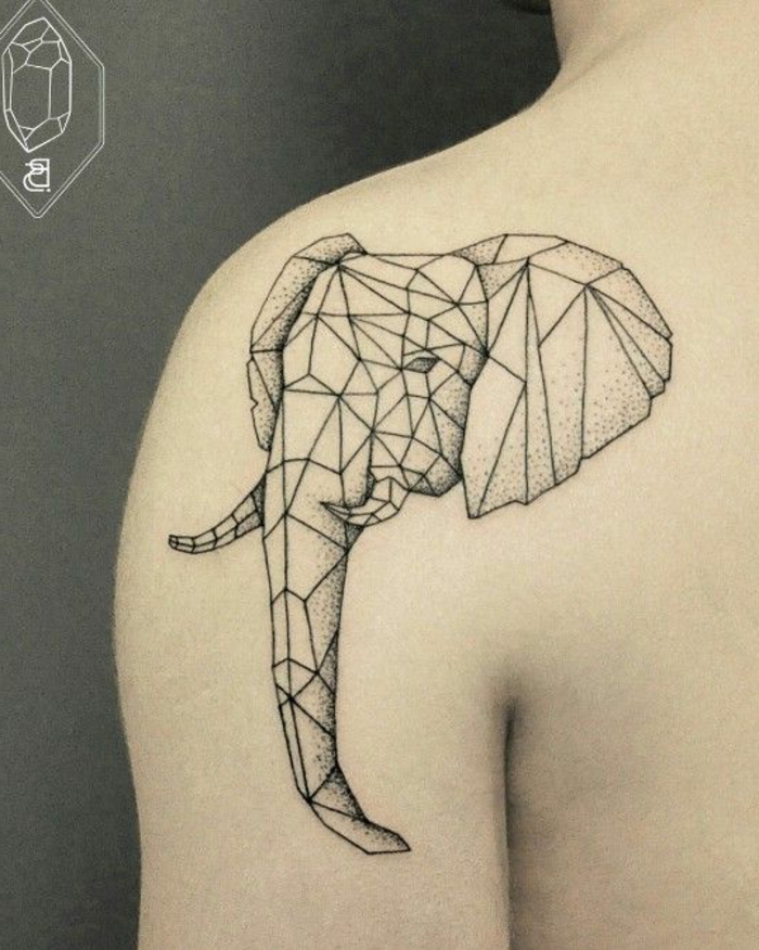 Itt megmutatjuk neked egy ötletet az origami tetoválás témájához - egy tetoválás origami elefántnal a vállpánton