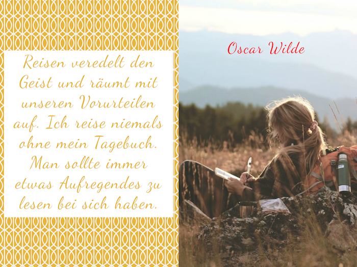 Тук ще намерите снимка с голям цитат от Оскар Уайлд и млада жена с раница
