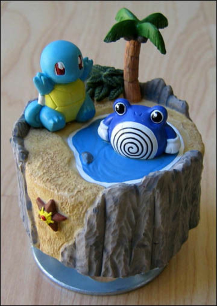 nagyszerű ötlet egy pokemon pite egy pálmafa, két kék pokemon lények, tó és tengeri csillag