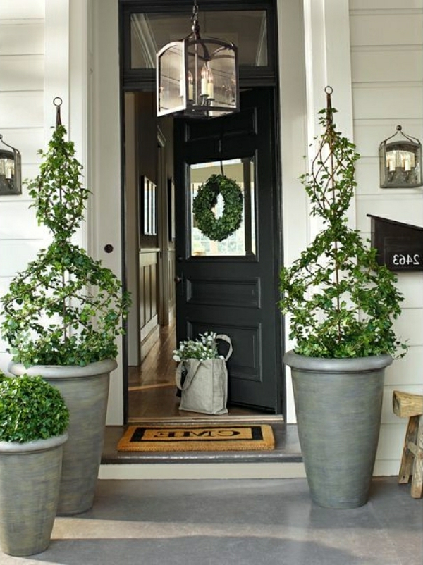 а-съвременните врата с зелено-декоративни растения