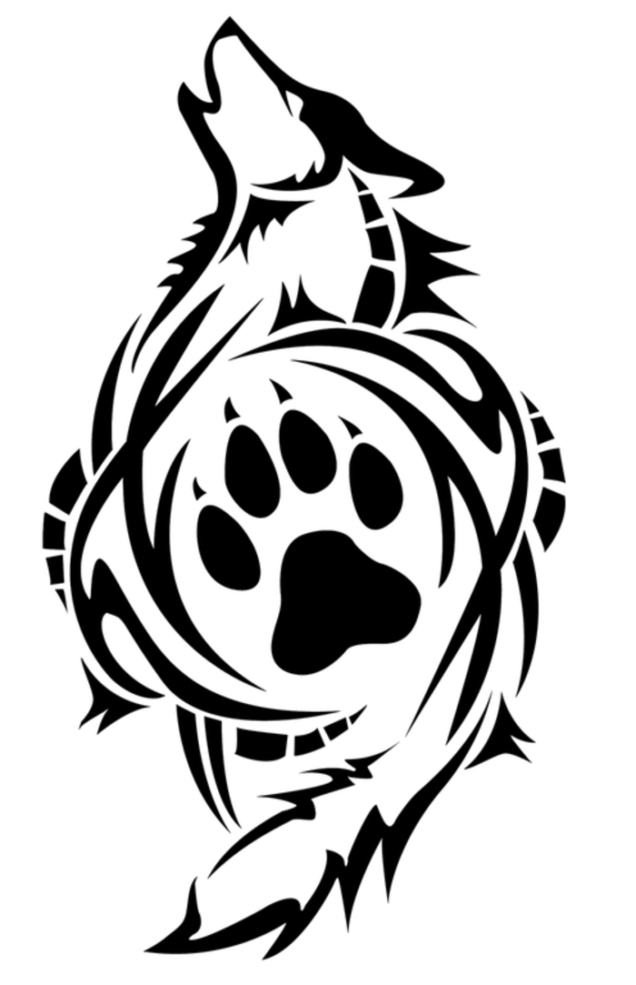 törzsi farkas tetoválás - itt egy fekete üvöltő farkas és a mancsa