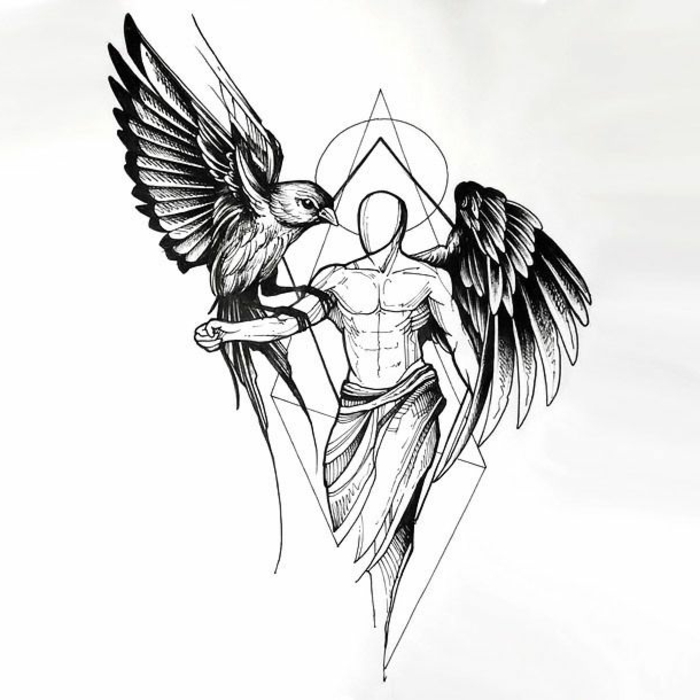 az egyik kedvenc ötletünk a fekete angyal szárnyú tetoválásnak - itt van egy angyal fekete angyal szárnyaival és egy madár fekete tollal