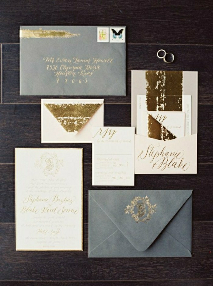 покана-сватбени елегантни сиви Пликове и злато шрифта гланц блясък Сватбени пръстени