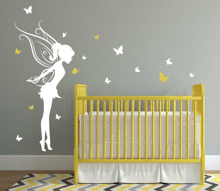 детски стаи идеи за дизайн жълто зелено легло фея бяла стена декорация стена дизайн стена decal пеперуда