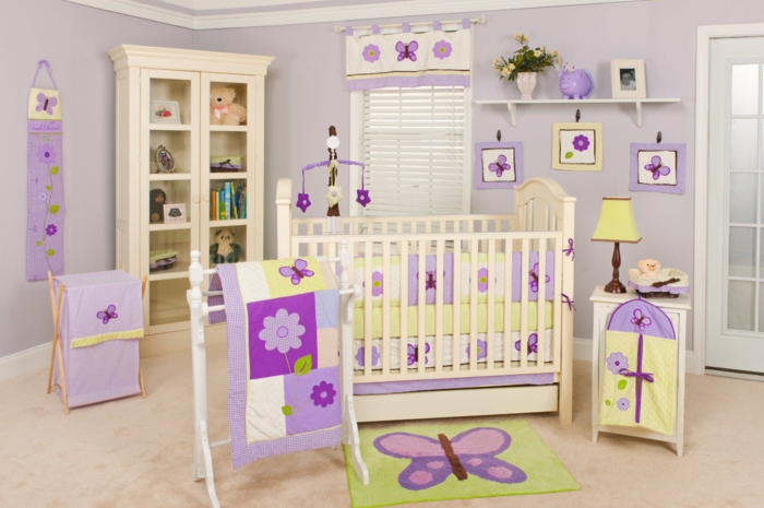 الحضانة غرفة الطفل الديكور الفراشات الأرجواني زهرة بطانية خزانة السرير صور ملونة تصميم الغرفة