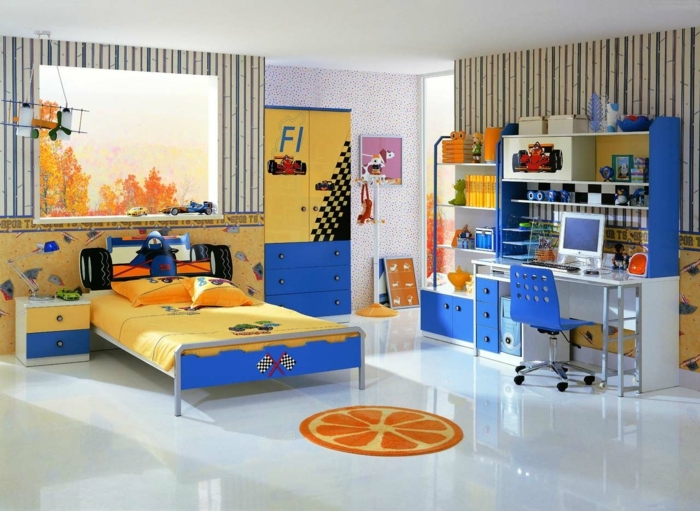 ילדים, חדר, בחור, רעיון, צהוב, כחול, רשמי, 1, תפוז, שטיח, שטיח, ללמוד, מחשב